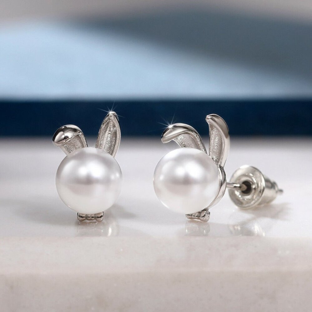 Sterling Silver Pearl Rabbit Ears Bow Pearl Stud Earrings Women's Party Gift